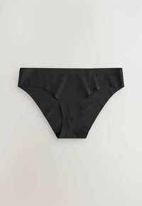Czarne figi bikini wykonane z gładkiego, elastycznego materiału z średnim stanem i pełnym pokryciem. Brak widocznych wzorów lub akcentów.