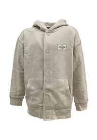 Giacca con cappuccio beige realizzata in tessuto misto cotone, dotata di chiusura con bottoni frontali, due tasche laterali e cappuccio. Patch con logo Tommy Hilfiger.