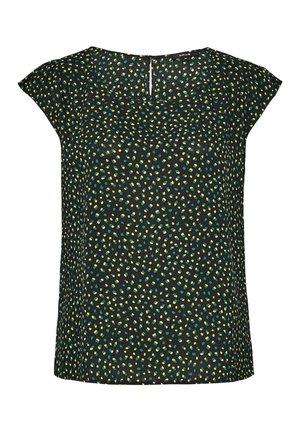 Zwarte blouse met korte mouwen en ronde halslijn, voorzien van een kleurrijk patroon van gele en teal stippen op een donkere achtergrond. Met een sleutelgatdetail aan de achterkant.