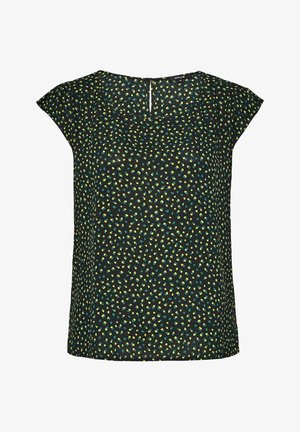 Schwarze Kurzarm-Bluse mit rundem Ausschnitt, die ein buntes Muster aus gelben und teal-farbenen Punkten auf einem dunklen Hintergrund aufweist. Rückseitiger Schlüsselloch-Ausschnitt.