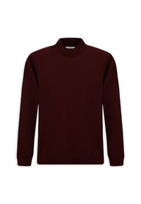 Pull à col rond bordeaux foncé à manches longues avec poignets et ourlet côtelés, présenté sur fond blanc.