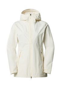 Giacca leggera di colore crema con zip frontal, cappuccio regolabile e tasche laterali. Texture liscia e design semplice e pulito.