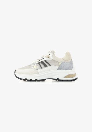 White and gray athletic sneaker with black stripes, mesh and suede panels, thick sole, and textured heel detail, side view on white background.
