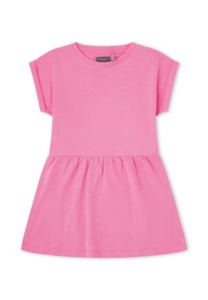 Vestido corto de algodón rosa con mangas cortas, cintura fruncida y escote redondo, diseñado para niños.