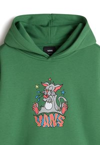 Sweat à capuche vert avec un graphisme de chat en dessin animé, des étoiles et le texte "VANS". Fabriqué en tissu doux avec une capuche à cordon et des poignets côtelés.