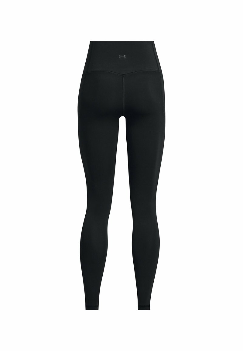 Schwarze Leggings mit hoher Taille, aus dehnbarem Material gefertigt. Sie verfügen über eine glatte Textur und ein minimalistisches Design ohne sichtbare Muster.