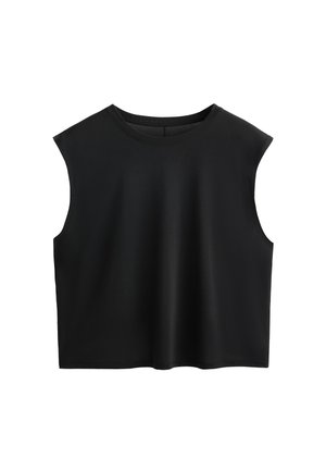 Černý zkrácený bezramínkový top vyrobený z měkkého, elastického materiálu s kulatým výstřihem a hladkou strukturou. Jednoduchý design, bez viditelných zapínání nebo vzorů.