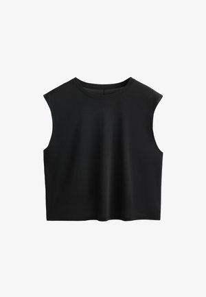 Mustat lyhyet hihattomat paidat, jotka on valmistettu pehmeästä ja joustavasta kankaasta, jossa on pyöreä kaula-aukko ja sileä pinta. Yksinkertainen muotoilu, ei näkyviä kiinnityksiä tai kuoseja.