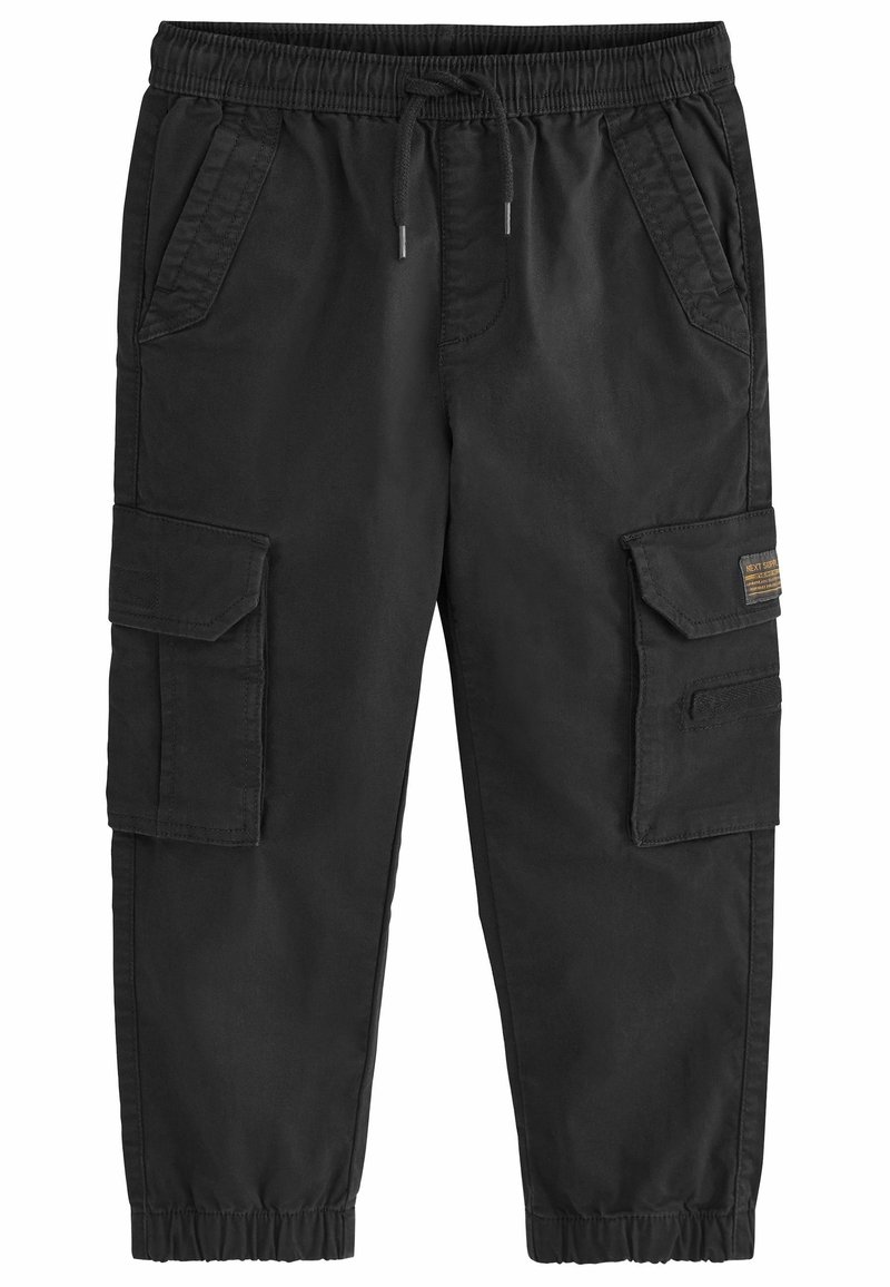 Pantalon cargo noir avec taille élastique, cordon de serrage, poches à rabat sur les côtés, poches avant inclinées et poignets élastiques.