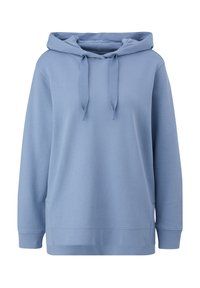 Sudadera con capucha de color azul claro, fabricada en un tejido suave, que cuenta con un bolsillo tipo canguro, puños acanalados y cordones ajustables en la capucha.