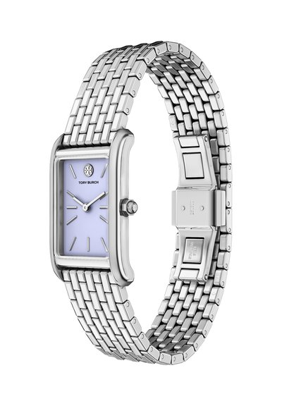 Silberne Metall-Armbanduhr mit rechteckigem Gehäuse, lilafarbenem Zifferblatt, minimalistischen Stundenmarkierungen und einem gewebten Armband aus Edelstahl mit Verschluss.