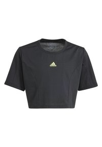 Black cropped t-shirt made of cotton, featuring short sleeves and a round neckline. It has a small yellow Adidas logo on the chest.