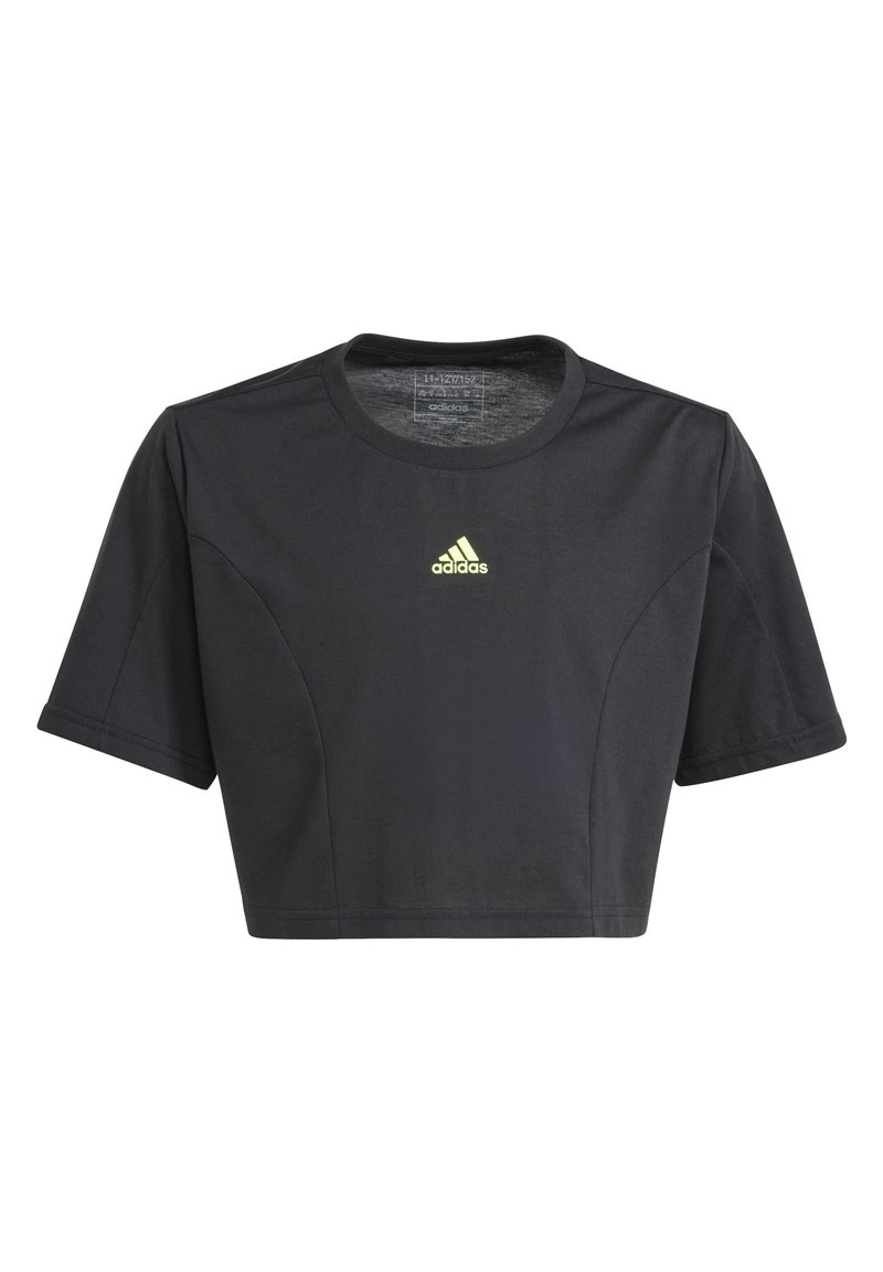 Black cropped t-shirt made of cotton, featuring short sleeves and a round neckline. It has a small yellow Adidas logo on the chest.