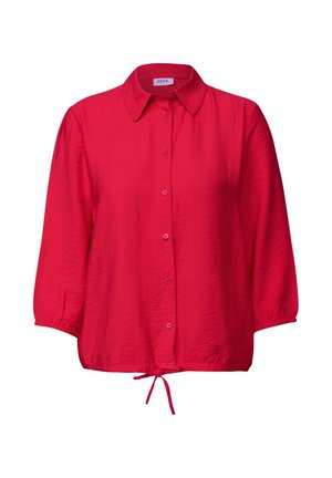 Red, button-up shirt with a collar, three-quarter sleeves, and a tie at the hem. Made from textured fabric with a casual fit.