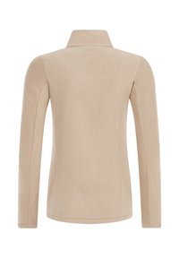 Veste en polaire beige à manches longues et col montant, vue de dos sur fond blanc.