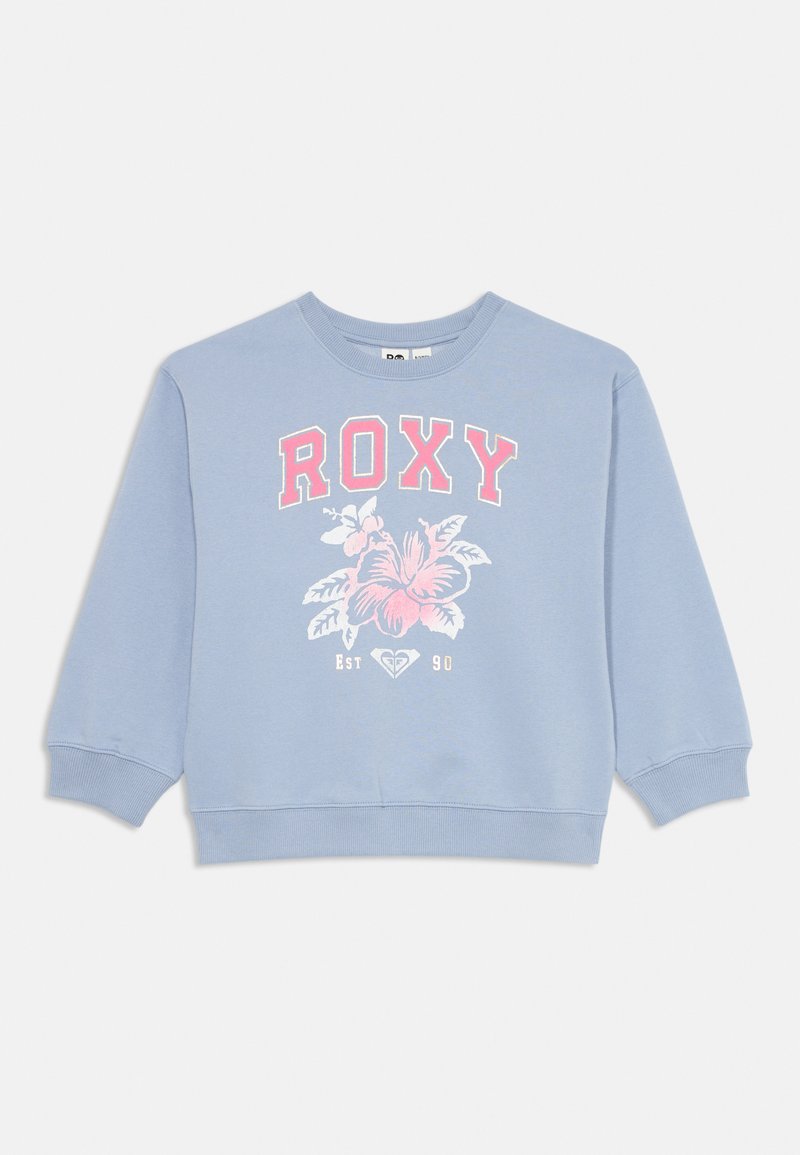 Sweatshirt azul claro com decote redondo, mangas longas e um gráfico floral em rosa e branco. Apresenta punhos e bainha canelados.
