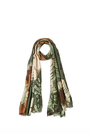 Longue écharpe légère aux motifs botaniques et abstraits verts, marron, beige et crème, drapée en boucle lâche.