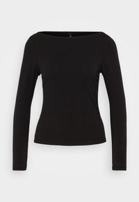 Musta pitkähihaisen yläosa, jossa on venekaulus, kapea istuvuus, pehmeä rakenne eikä näkyviä koristeluja tai kuvioita. Yksinkertainen ja klassinen muotoilu.