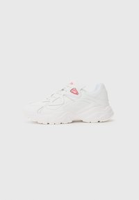 White sneaker with textured upper, mesh accents, pink logo detail, and chunky sole. Features lace closure and subtle stitching patterns.