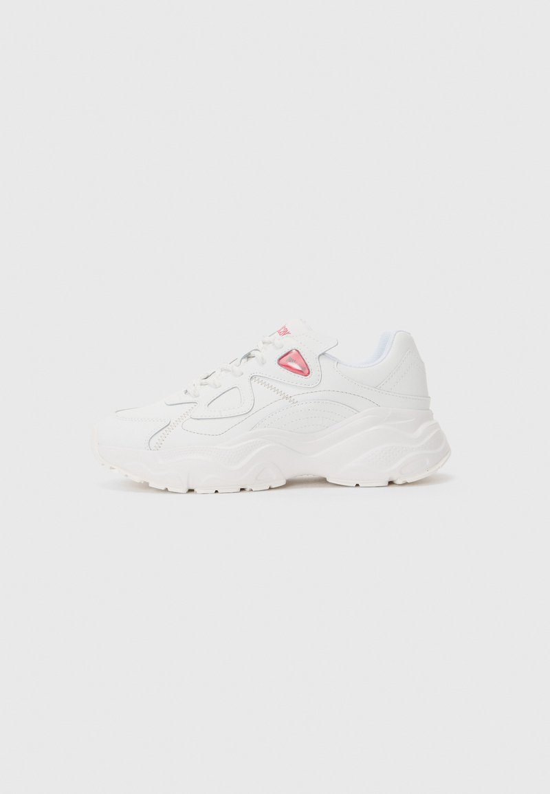 White sneaker with textured upper, mesh accents, pink logo detail, and chunky sole. Features lace closure and subtle stitching patterns.