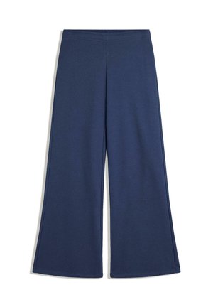 Navy blue wide-leg pants with an elastic waistband, crafted from smooth, soft fabric. The design features a flared shape for ease of movement.