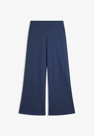 Navy blue wide-leg pants with an elastic waistband, crafted from smooth, soft fabric. The design features a flared shape for ease of movement.