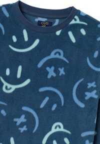 Fleece sweatshirt in dark blue with light blue smiley face and pattern accents. Features a round neckline and soft texture.