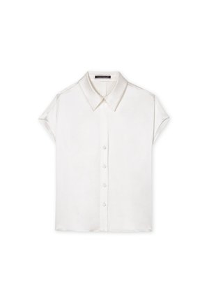 White short-sleeve blouse with a button front and a classic collar. Made of smooth fabric with a subtle sheen. No patterns or additional details.