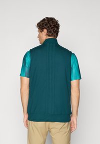Men's sleeveless vest, teal fabric with a smooth texture, featuring a high collar and vertical seam details. Worn over a short-sleeve patterned shirt.