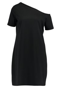 Černé šaty s krátkým rukávem a asymetrickým výstřihem, vyrobené z hladkého, elastického materiálu, s volným střihem a délku po kolena.