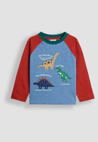 Pikkade varrukatega laste särk, millel on punased varrukad, sinine keha ning prinditud dinosauruste joonistused, sealhulgas dipolodookus, T-Rex ja stegosaurus koos faktidega.