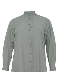 Long-sleeve green shirt made of soft fabric, featuring a ruffled high neck, front button closure, and frilled cuffs.