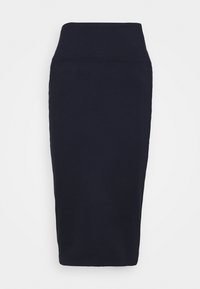 Tummansininen korkeavyötäröinen kynähame, jossa on vartalonmyötäinen siluetti ja polvipituinen helma valkoista taustaa vasten.