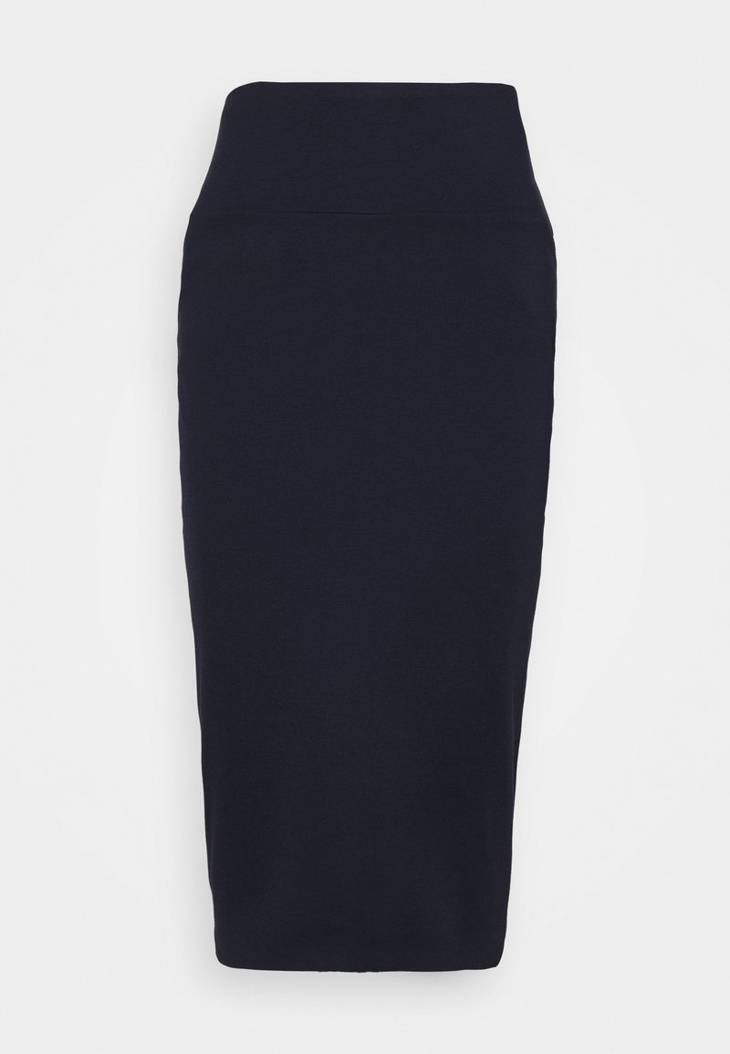 Tummansininen korkeavyötäröinen kynähame, jossa on vartalonmyötäinen siluetti ja polvipituinen helma valkoista taustaa vasten.