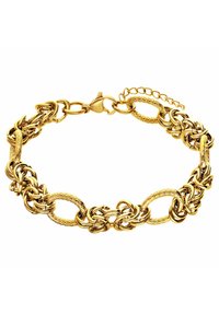 Gouden kettingarmband met in elkaar verweven schakels, een gestructureerd oppervlak en een veilige sluiting met een verstelbare kettingverlenging.