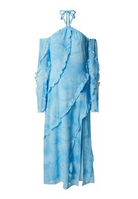 Lichtblauwe maxi-jurk in een draaiend patroon, met off-shoulder mouwen, ruches en een zij-split. Vastgemaakt met strikken op de rug.