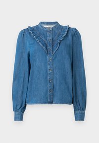 Light blue denim shirt with long puffed sleeves, ruffled front placket, and button closure, featuring a rounded collar and subtle texture.