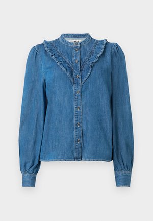 Lichtblauwe denim overhemd met lange, opgeblazen mouwen, een geplooide voorkant met knoopsluiting, en een ronde kraag met een subtiele textuur.