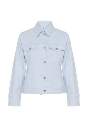 Hele sinine teksajakk, millel on kaks eesmist taskut, hõbedased snaps-nupud ja klassikaline krae. Sujuv tekstuur ja vormitud sobivus.