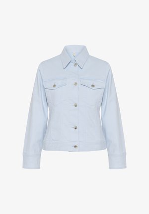 Hele sinine teksajakk, millel on kaks eesmist taskut, hõbedased snaps-nupud ja klassikaline krae. Sujuv tekstuur ja vormitud sobivus.