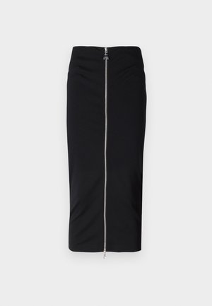 Mustakynäruudukko, joka on valmistettu joustavasta kankaasta, jossa on edessä vetoketju ja rypytetty yksityiskohta vyötäröllä, sileä rakenne, polvipituinen muotoilu.