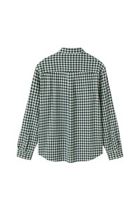 Chemise à carreaux verte et crème, à boutons, avec des manches longues, un col et un empiècement dans le dos. Elle présente deux poignets boutonnés et une coupe décontractée.