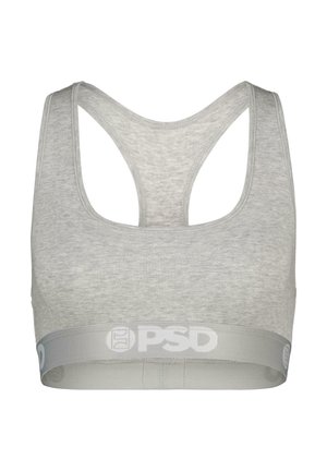 Šedý športový podprsenka s dizajnom racerback a jemnou textúrou. Páska zobrazuje kontrastné logo v svetlo šedej farbe.