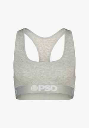 Pelēks sporta krūšturis ar racerback dizainu un mīkstu tekstūru. Josla izceļas ar kontrastējošu logotipu gaiši pelēkā krāsā.