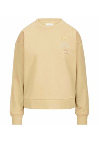 Sudadera beige hecha de una tela suave, con cuello redondo y mangas largas. Tres pequeños logotipos bordados en la parte frontal.