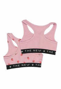 Due magliette rosa con design a schiena scoperta e motivi di fragole. Presentano un cinturino nero con il testo "THE NEW". Tessuto morbido e elasticizzato.