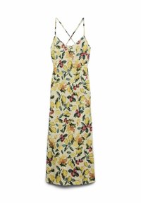 Robe maxi florale avec un fond jaune ornée de motifs de citrons et de baies, à fines bretelles et à la silhouette décontractée.