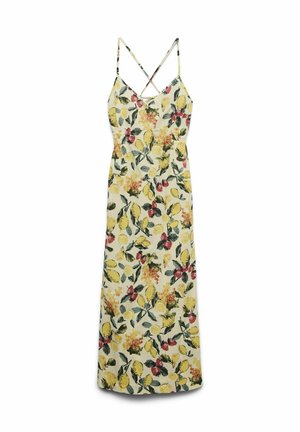 Kvetinové maxi šaty s žltým pozadím a vzormi citrónov a bobúľ, tenké ramienka a uvoľnený strih.