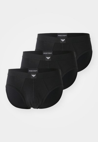 Três pares de boxers de algodão pretos para homens, com um cós elástico com o logótipo da Emporio Armani. Corte clássico, textura suave.
