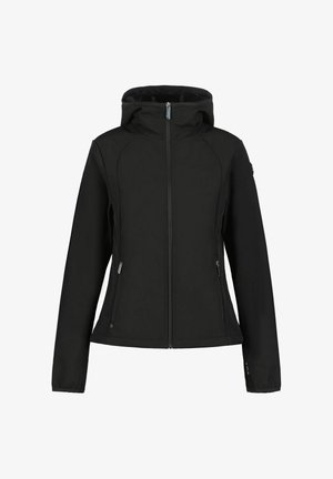 Zwarte jas met een ritsluiting, capuchon en twee zijzakken. Gemaakt van soepel, lichtgewicht materiaal. Heeft een getailleerd ontwerp en elastische manchetten.